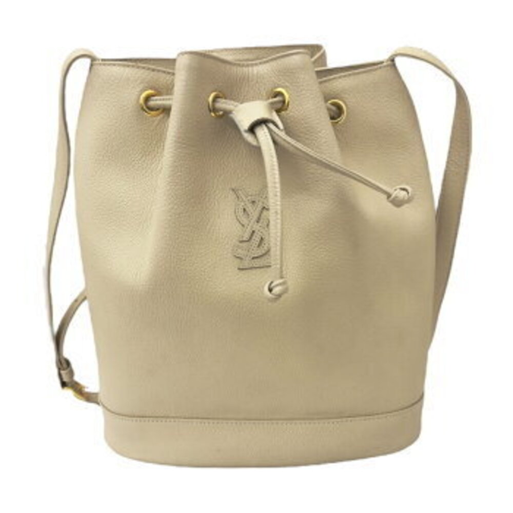 SAINT LAURENT Yves Drawstring Shoulder Bag Crossbody White Leather Beige